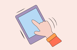gezeichnete Hand die auf ein Tablet tippt auf hellrotem Hintergrund als Bild zum Thema Mediensucht