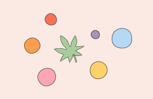 bunte Kreise und ein Cannabisblatt auf hellrotem Hintergrund zum Thema Drogensucht