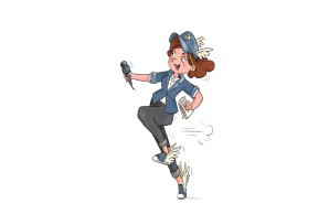 Die Illustration einer blau gekleideten, laufenden Reporterin mit Hermesflügeln an Mütze und Turnschuhen