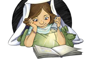 Eine Illustration zeigt ein kleines Mädchen, das unter der Bettdecke mit einer Taschenlampe liest