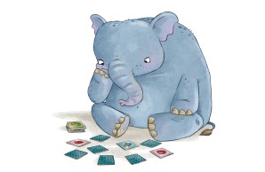 EIne Illustration: Ein blauer Elefant sitz vor einem Memorispiel und schaut es stirnrunzelnd an
