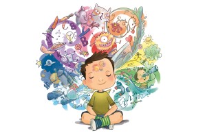 Illustration eines kleinen Jungen, der in einer Wolke von möglichen Aktivitäten sitzt, auf seiner Stirn drei bunte Zahnräder, die ineinander greifen