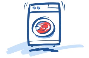 eine blaue Illustration: Das Thema Blutwäsche übertragen auf eine rüttelnde Waschmaschine, in der etwas Rotes gewaschen wird.