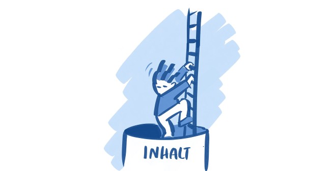 eine blaue Illustration zeigt, wie ein Männchen auf einer Leiter aus einer blauen Kiste steigt, auf der „Inhalt“ steht