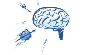 eine blaue Illustration zeigt Viren, die mit Speeren bewaffnet auf ein stilisiertes Hirn zu rasen