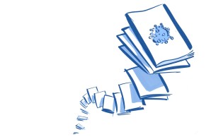 eine blaue Illustration zeigt eine Bücherspirale, die sich von winzigen Büchern zu großen aufschraubt