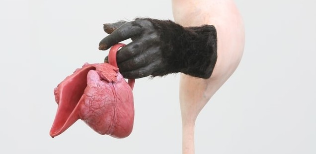 Hautfarbene Skulptur mit Affenhand, die aus einer Herzkanne in einen Rumpf gießt