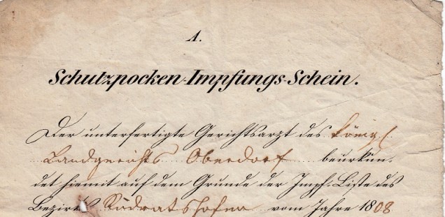  Exponat: Schutzpocken-Impfungs-Schein | Medizinhistorisches Museum Hamburg | Papier | Oberdorf | 1842 | Inventar-Nr. 17521